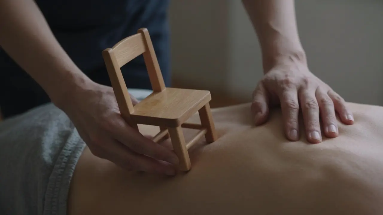 Dvě ruce: jedna drží židli, druhá leží na zádech, symbolizující jemnou samopomoc.