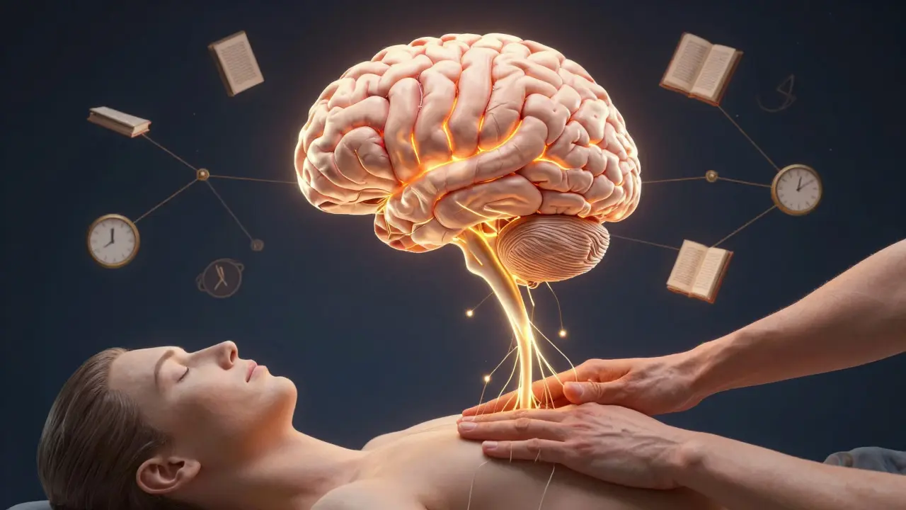 Ilustrovaný mozek s krevními cévami napájenými z masírovaného krku a ramen.