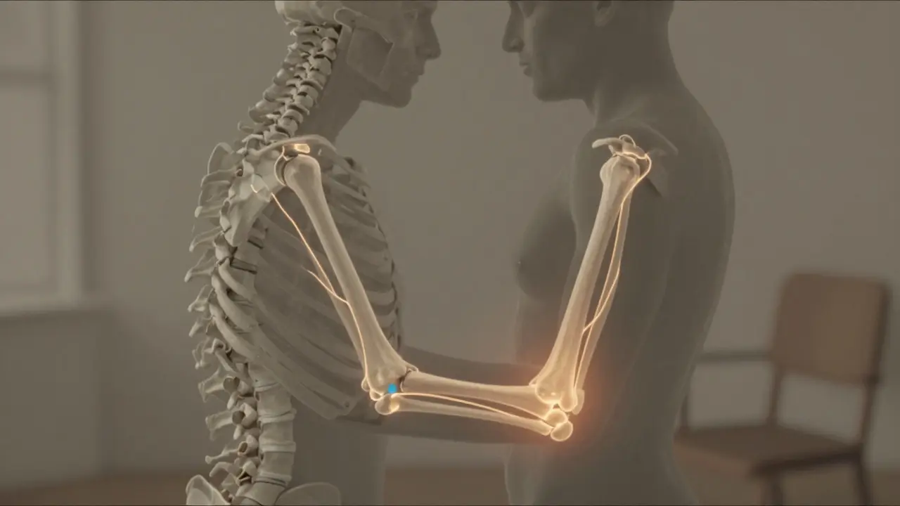 Kosterní obrázek páteře spojené s loktem světlými cestami nervů, ukazující asymetrii a vyrovnání.
