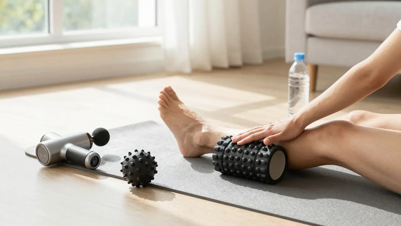 Osoba používá páskový válec doma k uvolnění svalů, vedle ní jsou masážní nástroje a láhev vody.