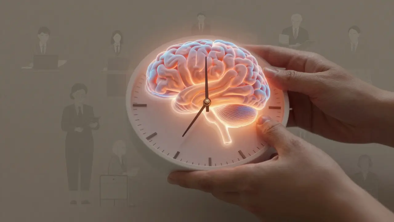 Symbolický obraz hodin roztávajících se při masáži krku s vykresleným aktivovaným mozkem.