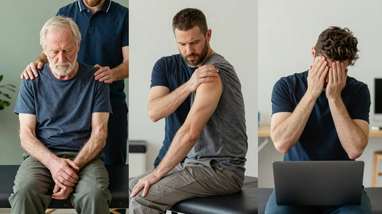 Tři různí lidé při různých typech zdravotní masáže: starší muž, pracovník a programátor.