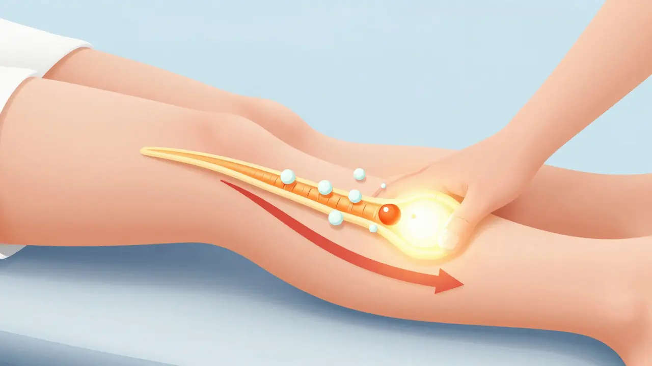 Vnitřní pohled na svaly s tokem krve a lymfy, který odstraňuje kyselinu mléčnou po náročném zatížení.