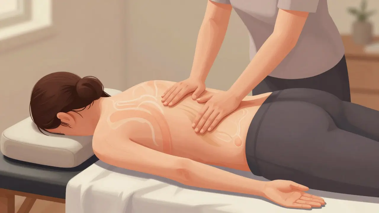 Žena po porodu dostává jemnou masáž dolní části záda a pánve.