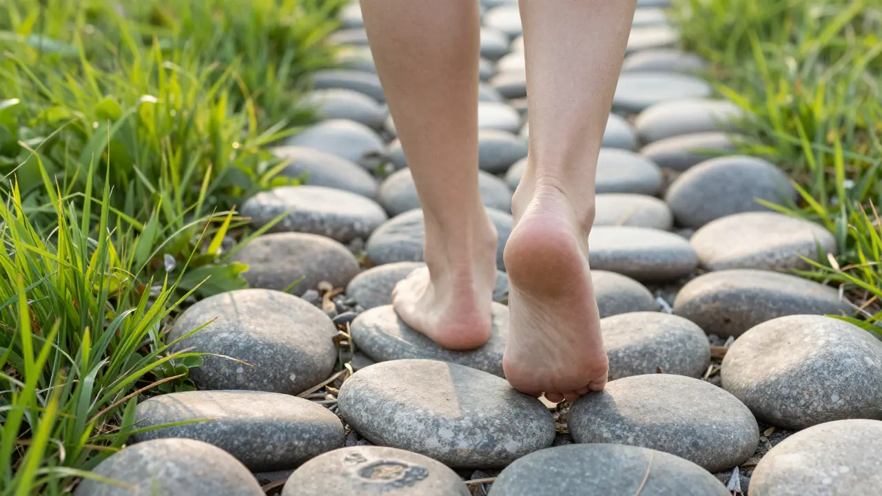 Chůze bosýma nohama po hladkých říčních kamínkách a trávě.