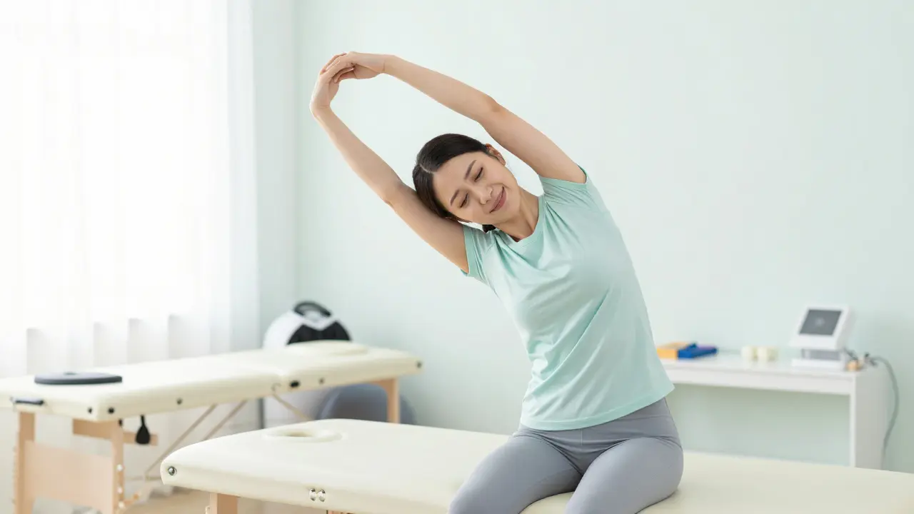 Člověk s radostí protahuje rameno v moderním fyzioterapeutickém studiu.