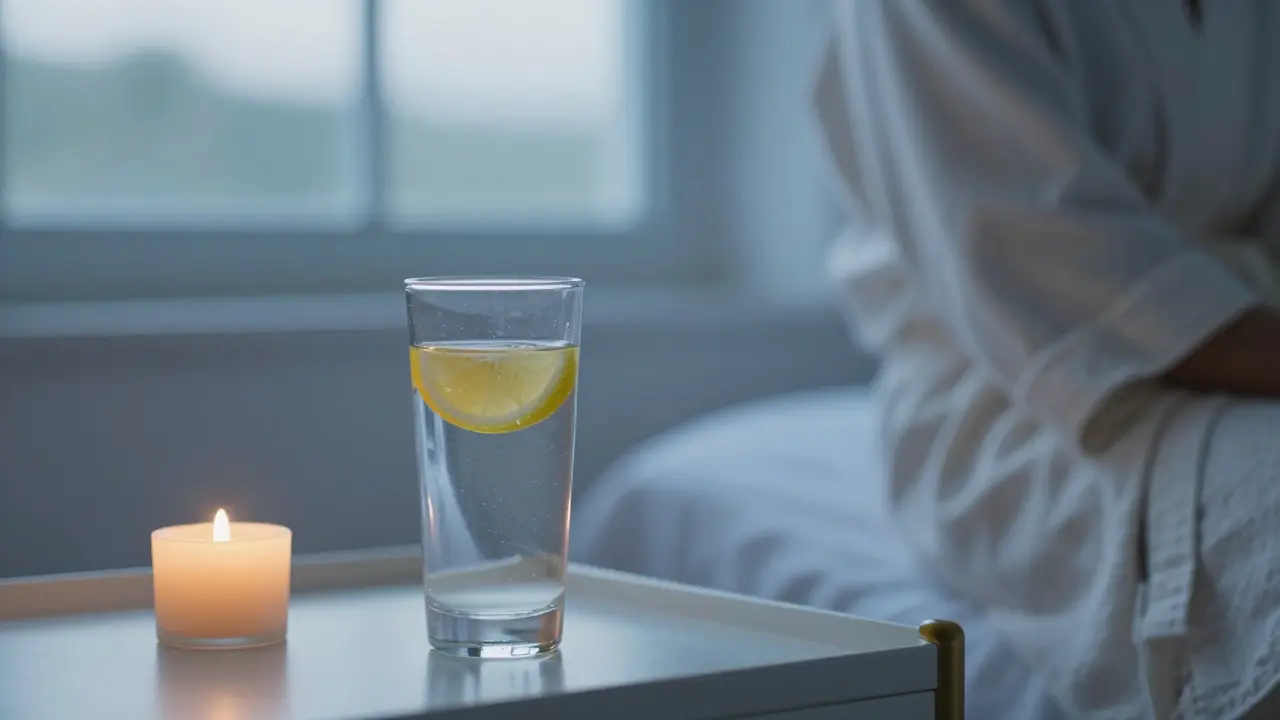 K使as vody a linenové rouché symbolizující regeneraci po masáži.