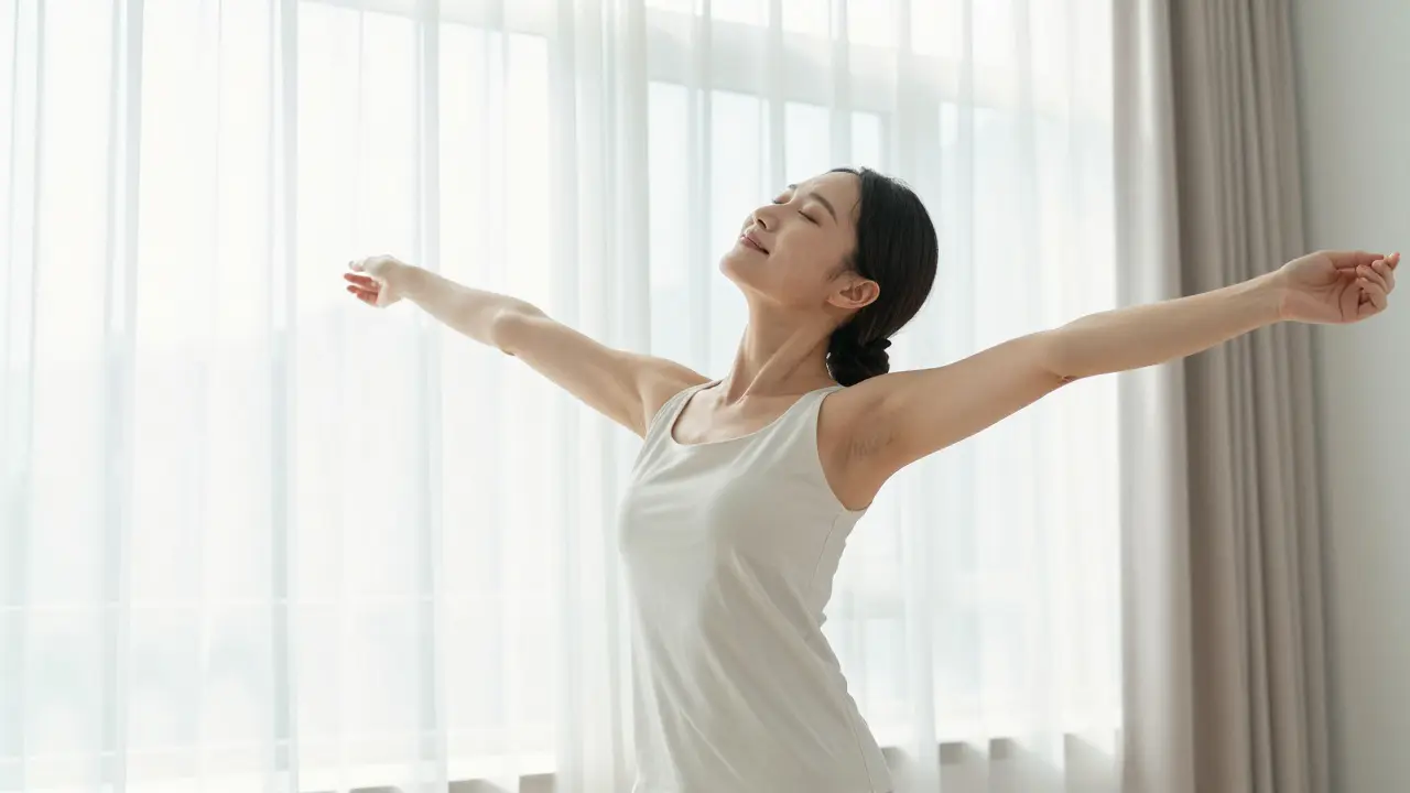 Klidná osoba protahující se v naplněné místnosti po relaxační masáži.