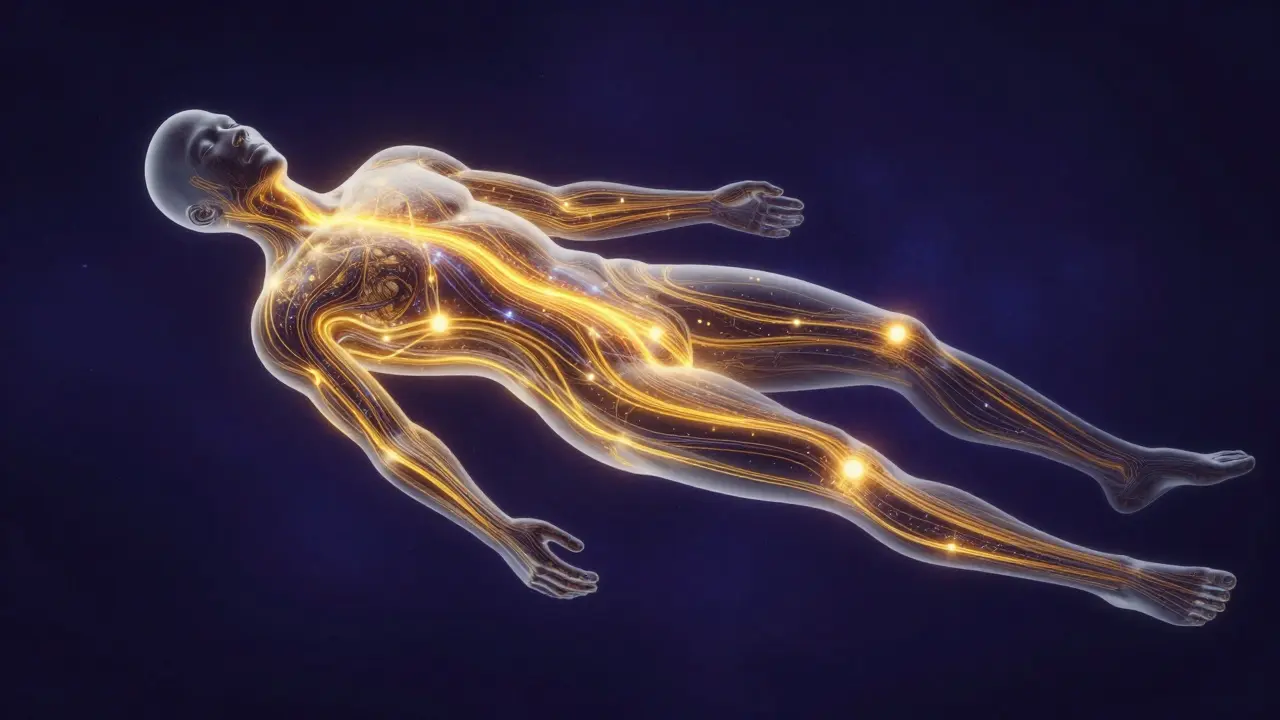 Konceptuální znázornění zlatých energetických linií Sen v lidském těle.