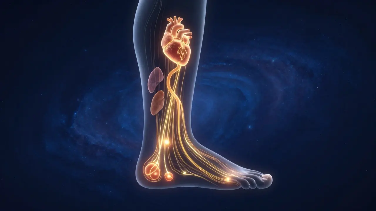 Konceptuální zobrazení energetických drah reflexní masáže v těle.