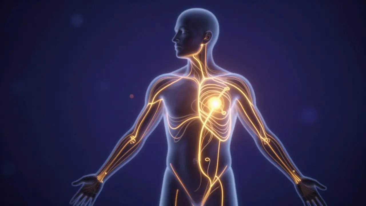 Konceptuální zobrazení energetických linií Sen v lidském těle s proudem zlatého světla.