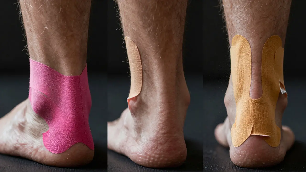 Konceptuální zobrazení opotřebení kineziologického tejpu na kotníku v různých fázích.