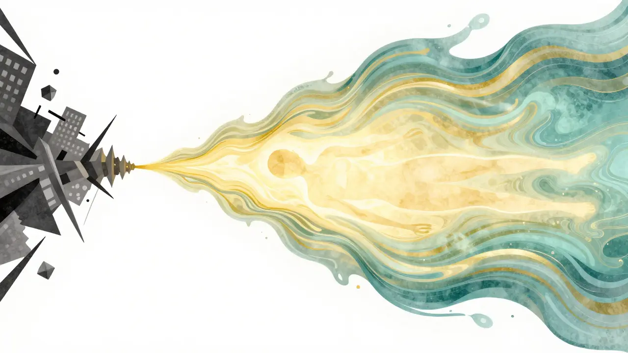 Konceptuální zobrazování přechodu od stresu k hlubokému vnitřnímu klidu.