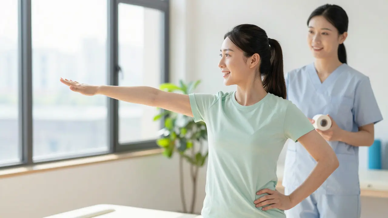 Osoba provádějící protahovací cvičení v moderní fyzioterapeutické klinice.