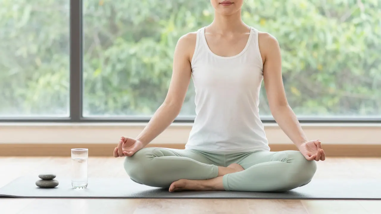 Osoba v meditační poloze v světlé místnosti symbolizující vnitřní klid a regeneraci.