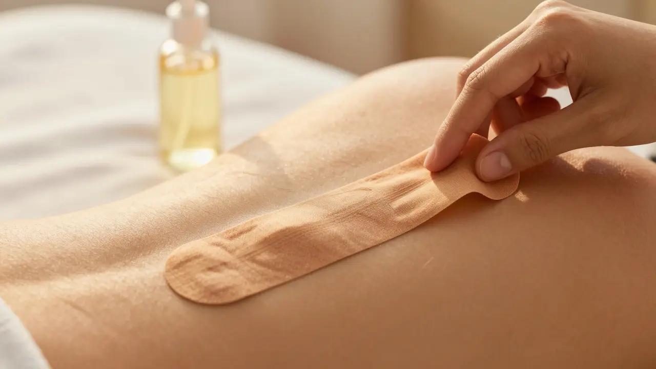 Šetrné sundávání tejpu z kůže za pomoci oleje pro bezbolestný proces.