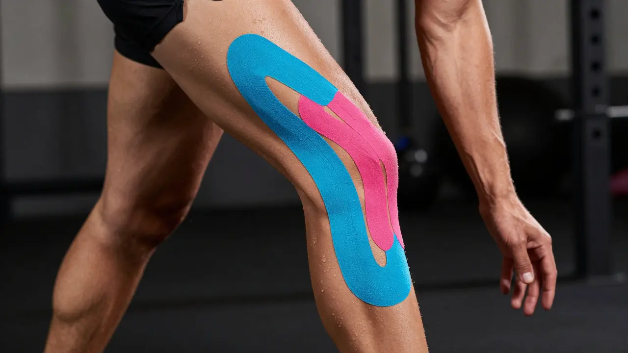 Sportovec s kineziologickým tejpem na svalech během fyzické aktivity v posilovně.