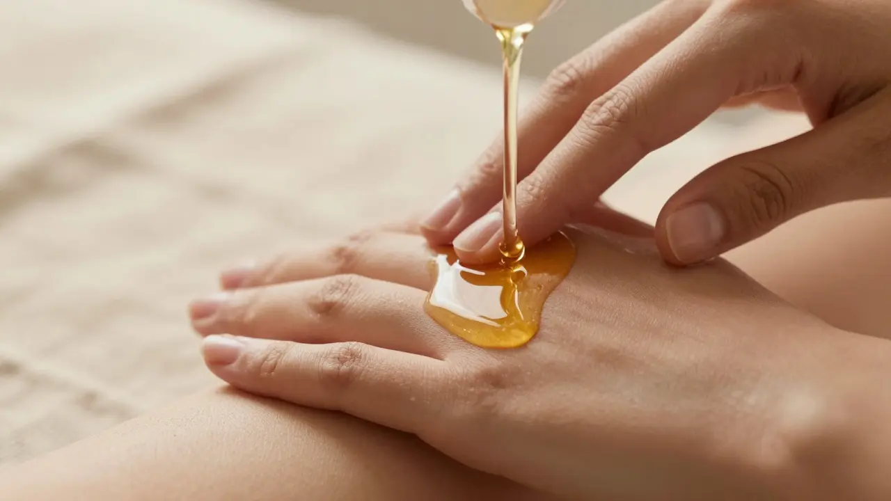 Záběr na ruční aplikaci teplého oleje na kůži pro relaxaci