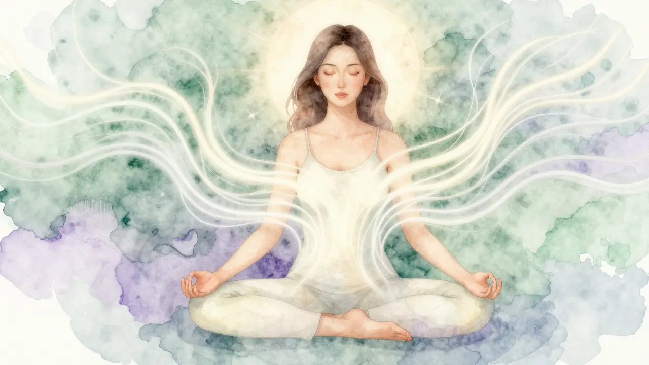 Abstraktní ilustrace ženy v meditaci symbolizující uzdravení těla