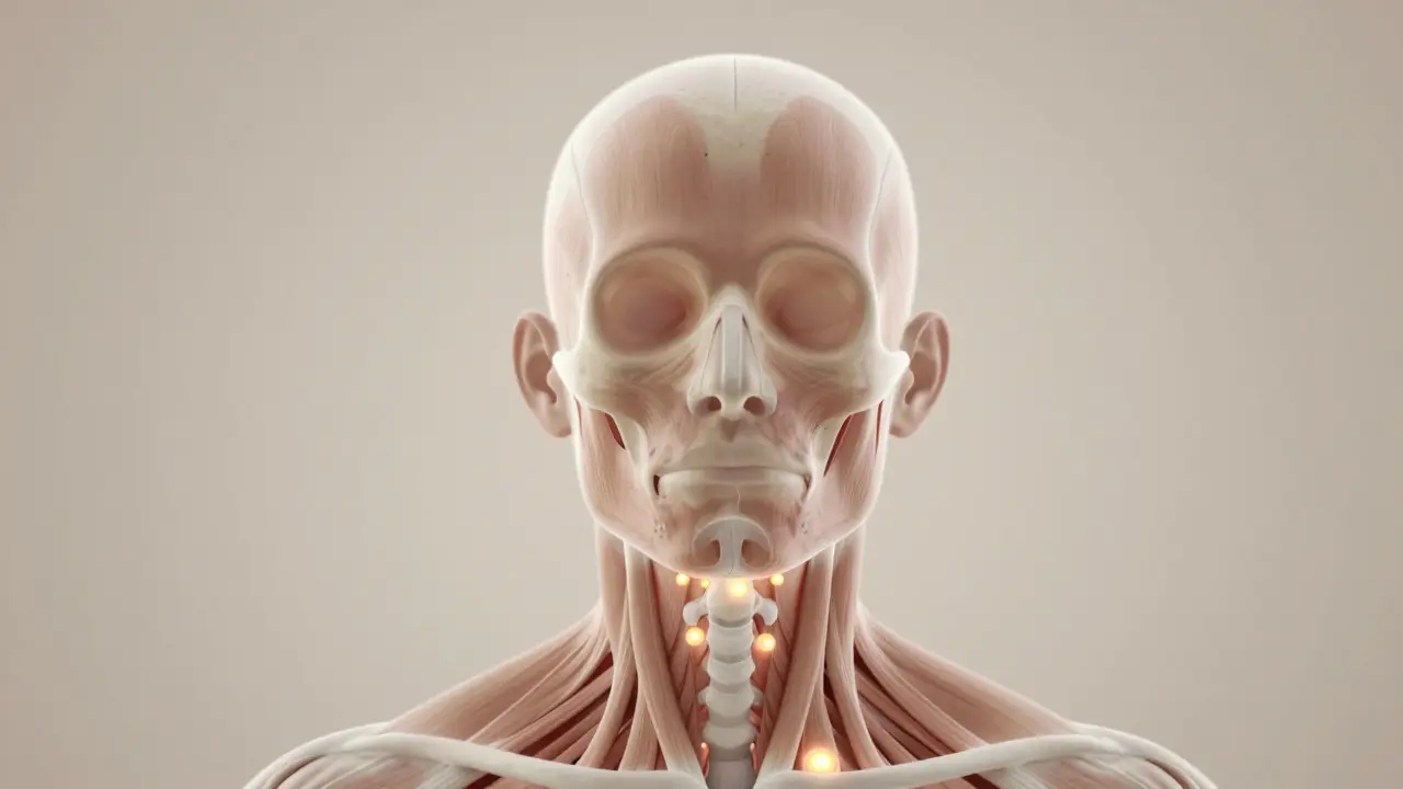 Anatomická ilustrace klíčových bodů na hlavě pro masáž