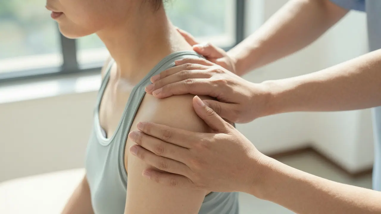 Detail rukou terapeuta při protahování ramene během masáže