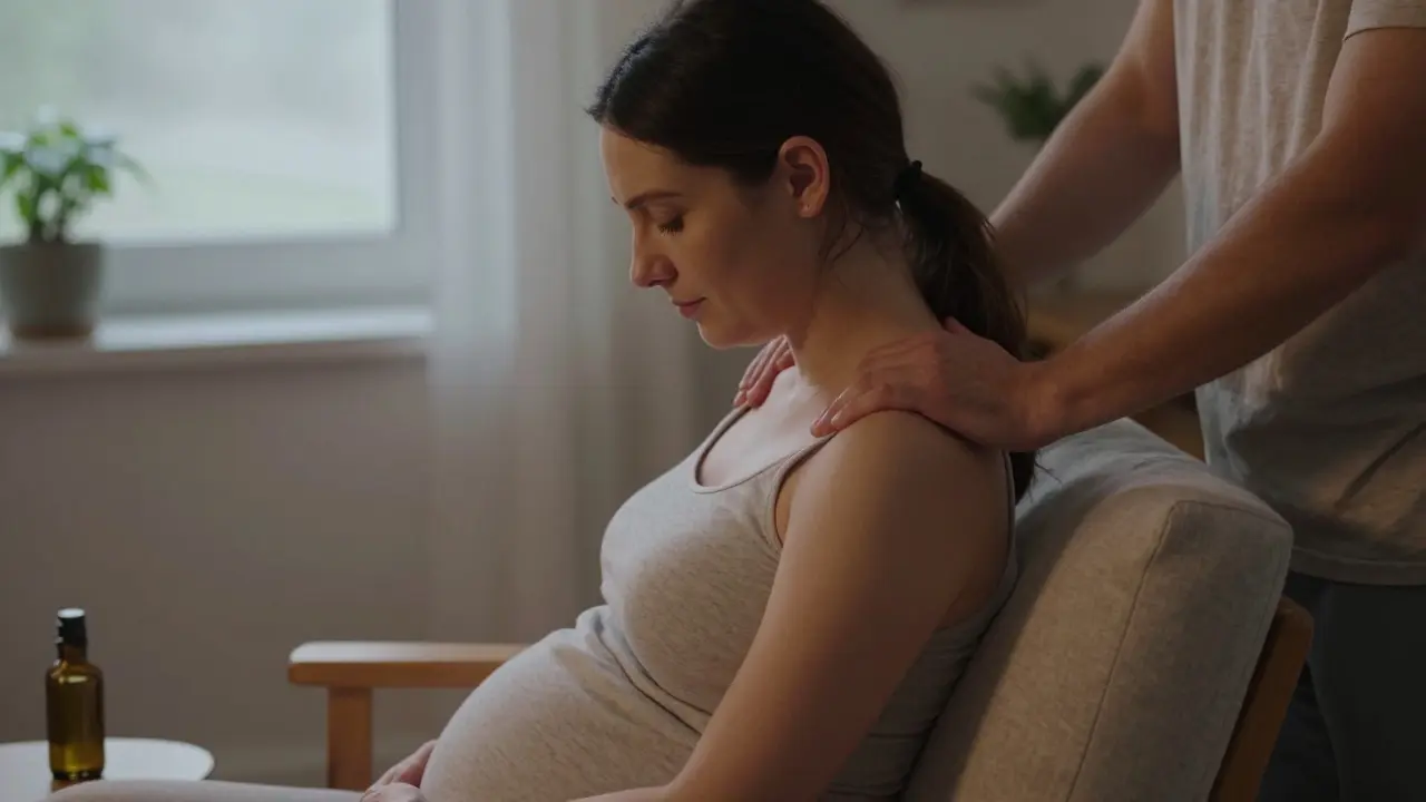 Partner masíruje ramena těhotné ženy v domácím prostředí