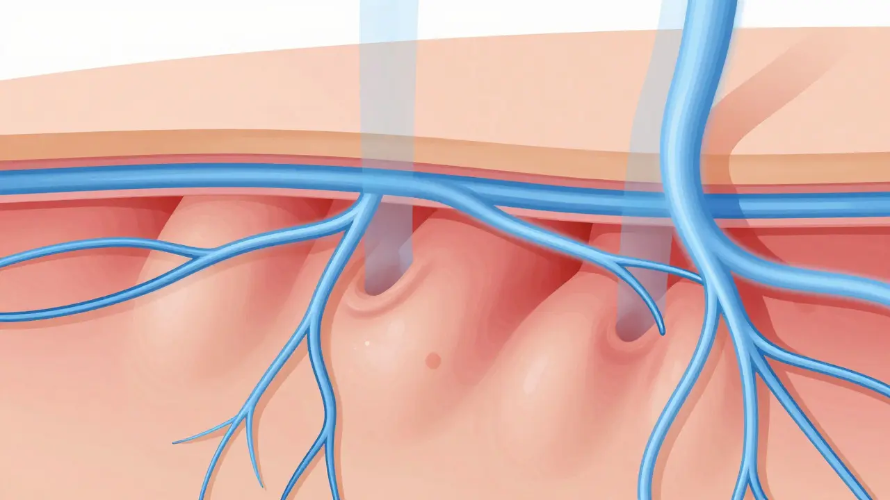 Anatomická ilustrace ukazující strukturu celulity a zlepšení prokrvení pod kůží.