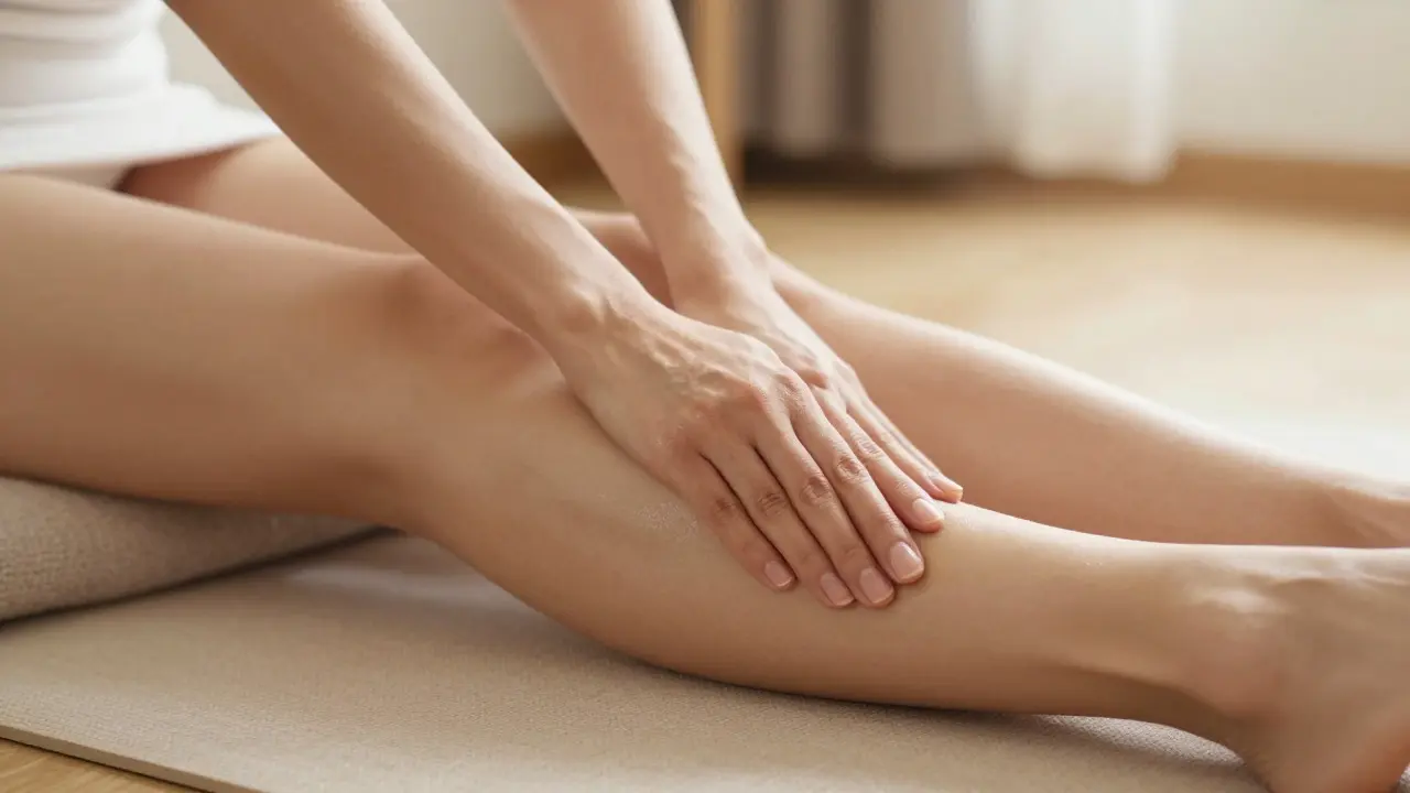 Person performing gentle upward strokes on their leg during a self-massage