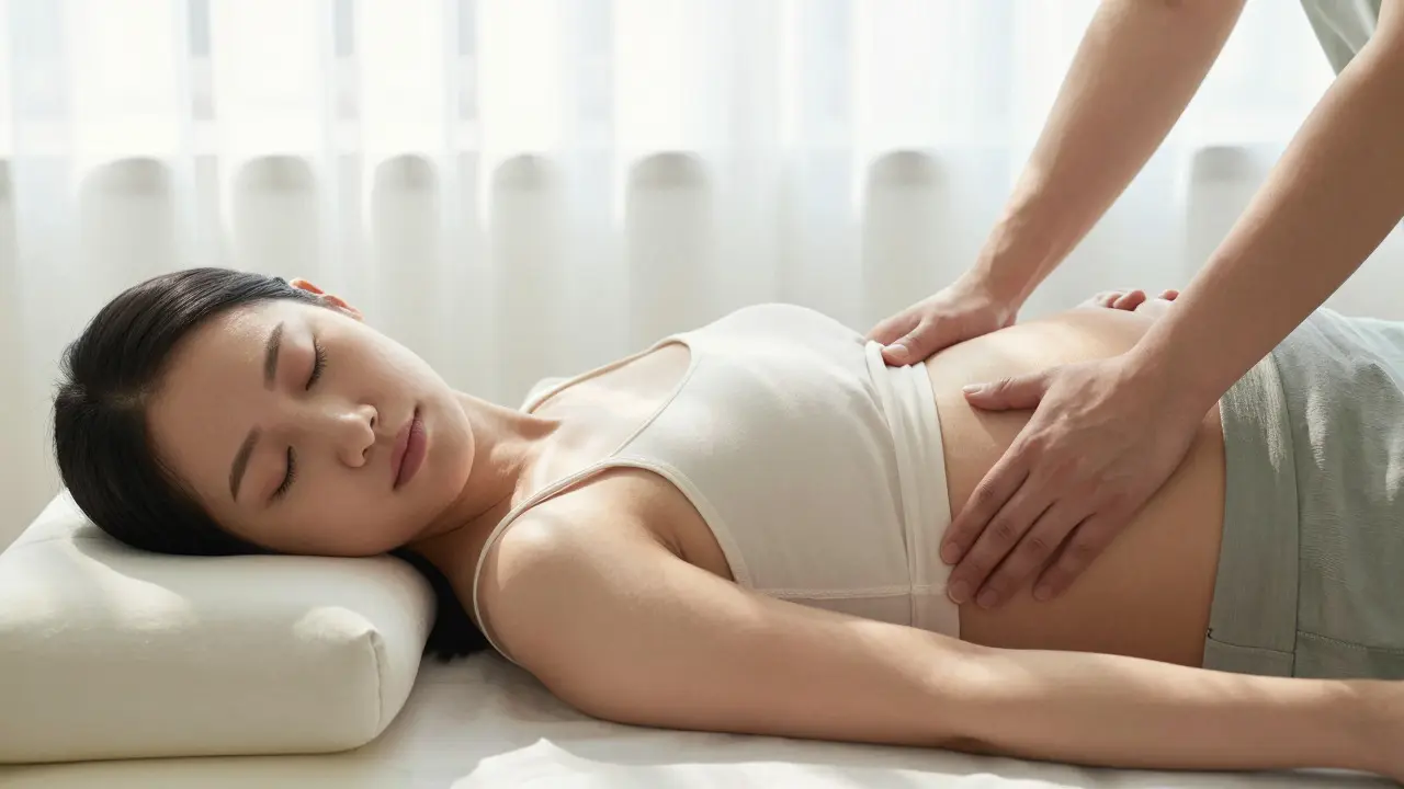 Těhotná žena relaxuje při bezpečné masáži zad pod dohledem zkušené terapeutky