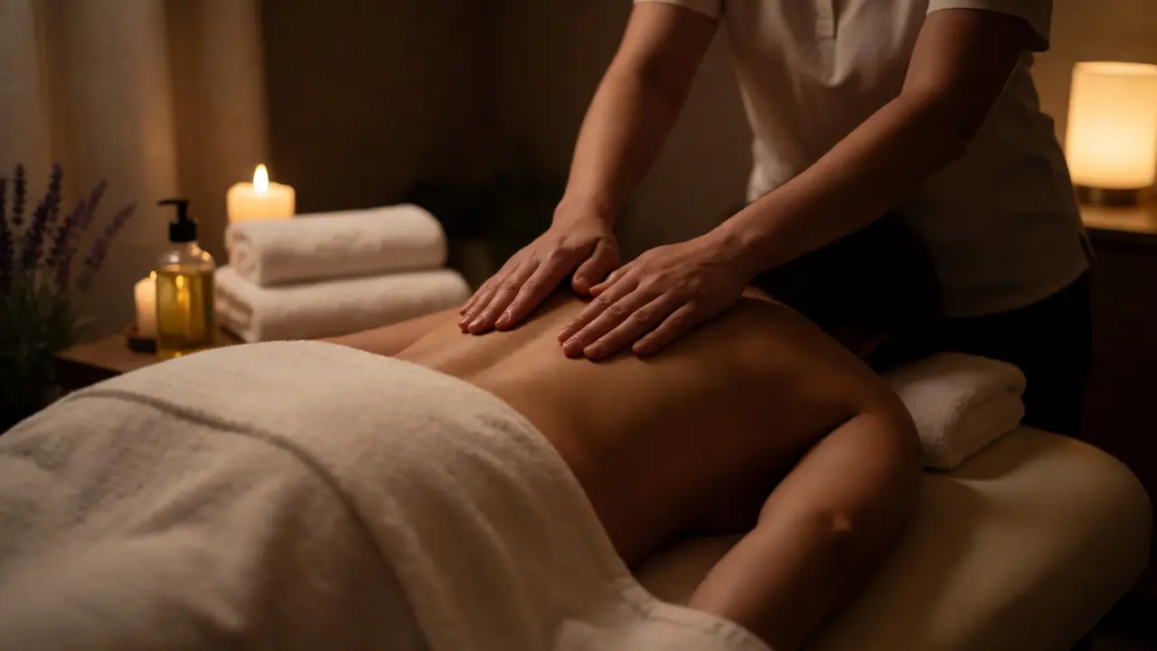 Terapeut provádí pomalé tahy při relaxační masáži v tlumeném světle