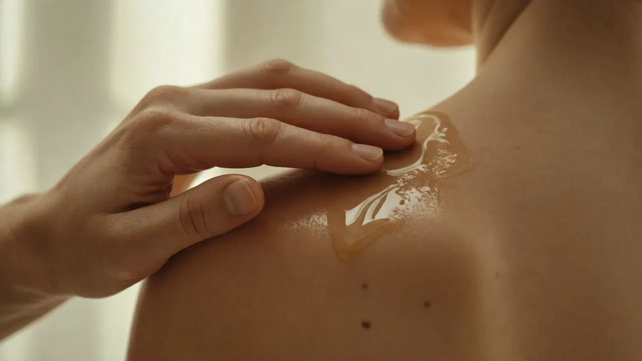 Detailní záběr na pomalý dotyk ruky na rameni partnera