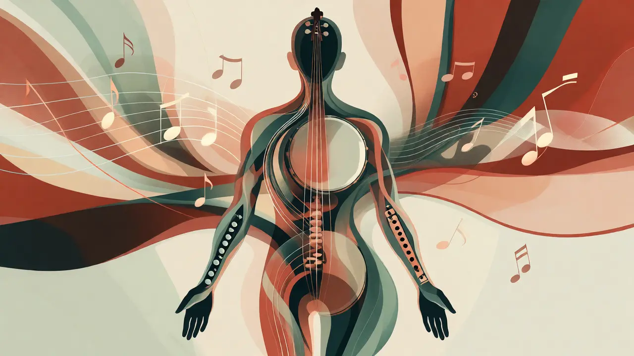 Konceptuální ilustrace lidského těla jako hudebního orchestru